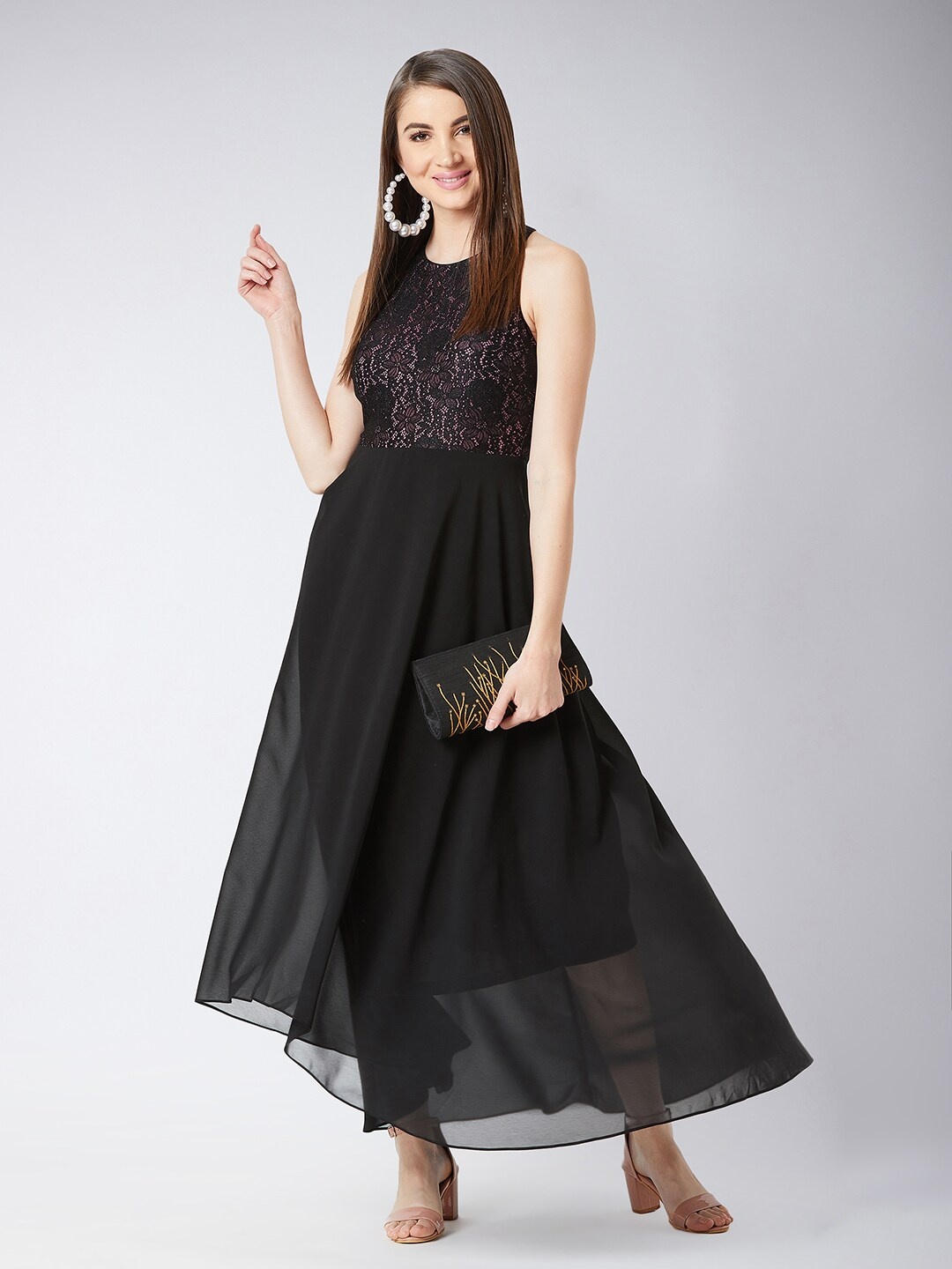 

Miss Chase Lace-Up Self Design Asymmetric Maxi Fit & Flare Dress, Black