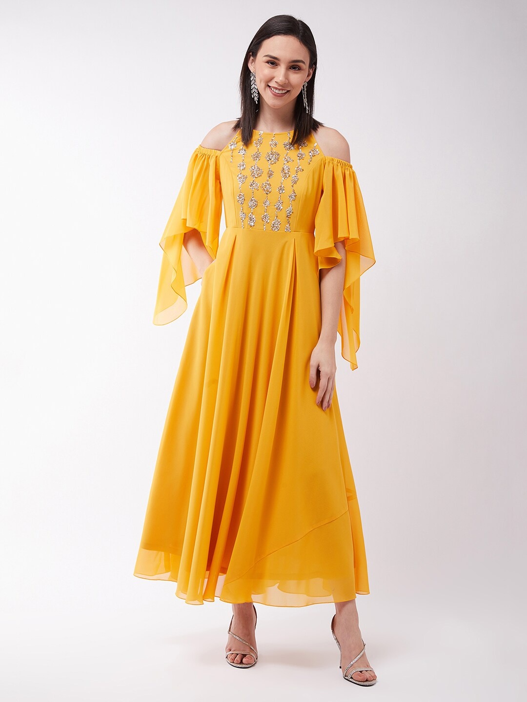 

Miss Chase Cold-Shoulder Sleeves Sequinned Maxi Dress, Mustard