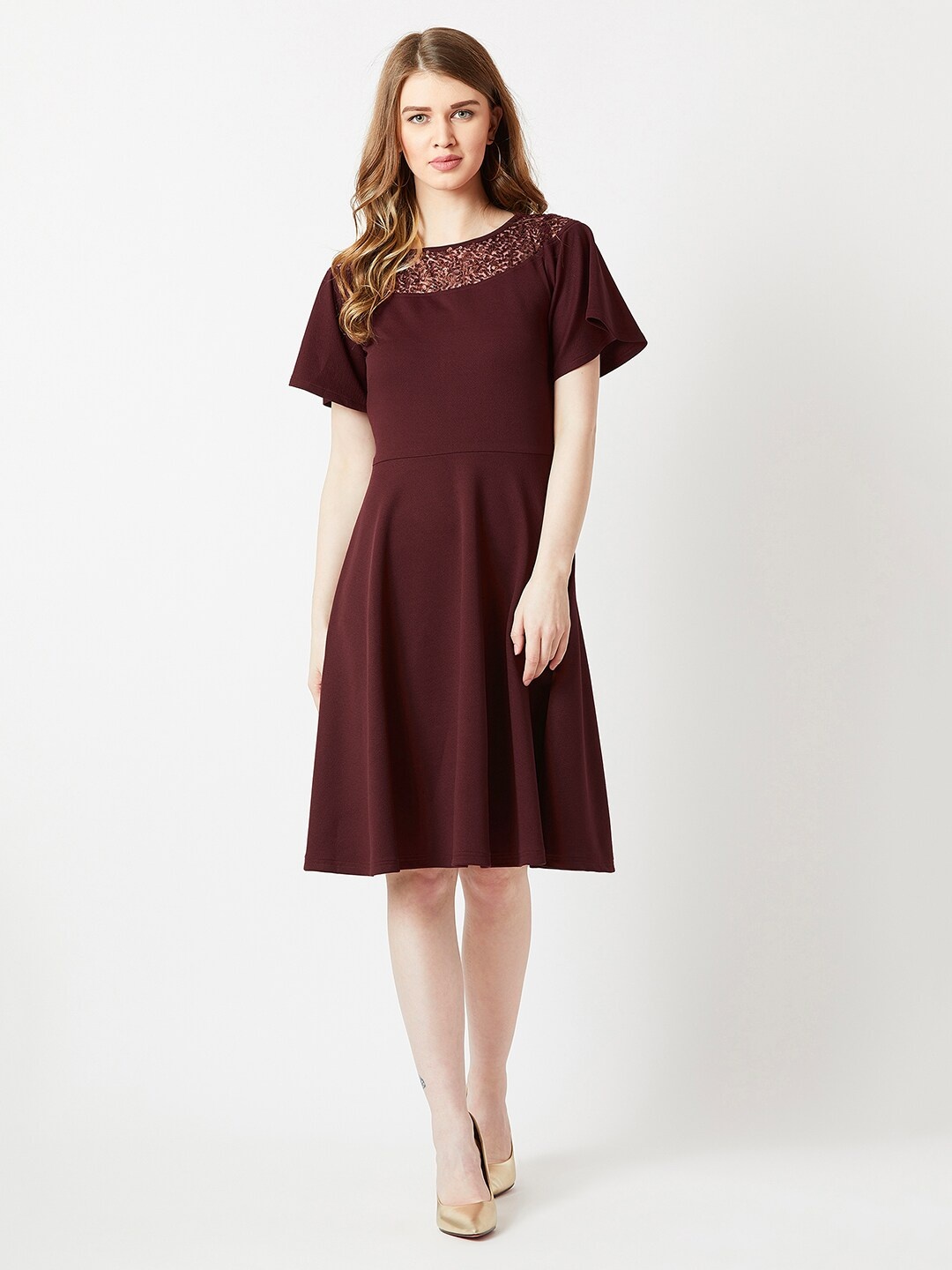

Miss Chase Flared Sleeves Crepe Fit and Flare Dress, Maroon
