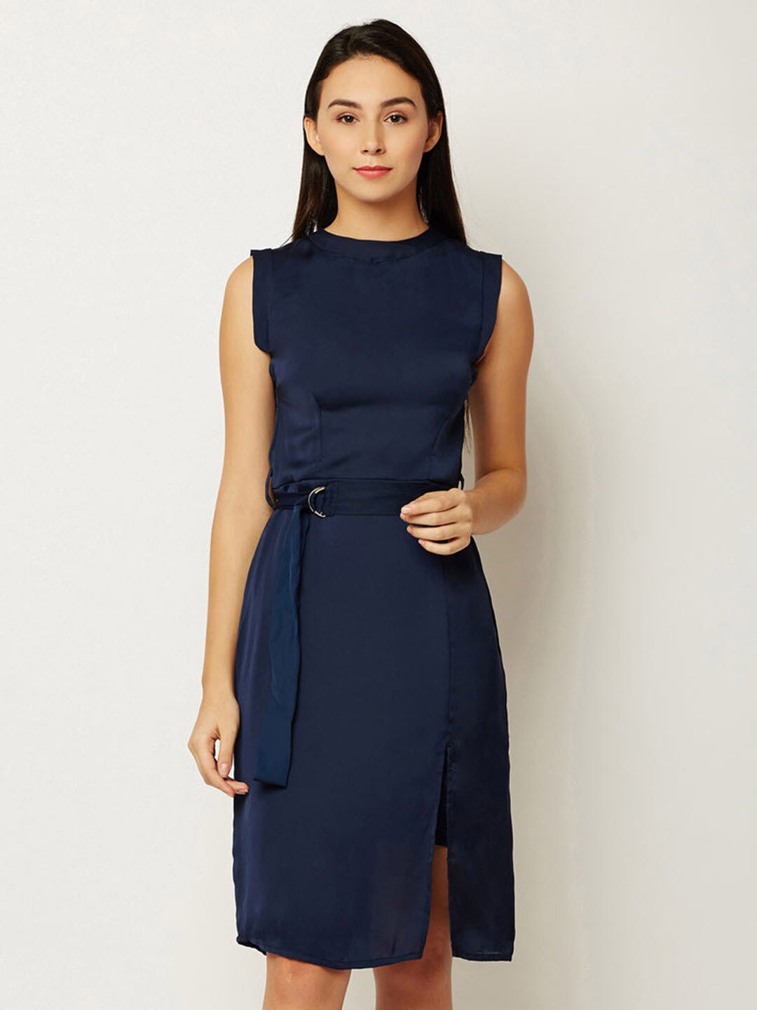 

Miss Chase High Neck Satin Sheath Dress, Navy blue
