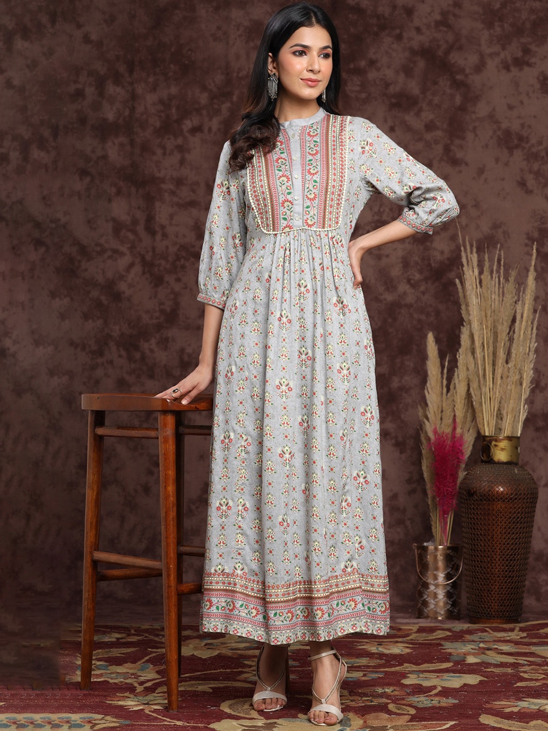 

Juniper Floral Printed Mandarin Collar Puff Sleeves A-Line Ethnic Dress, Grey