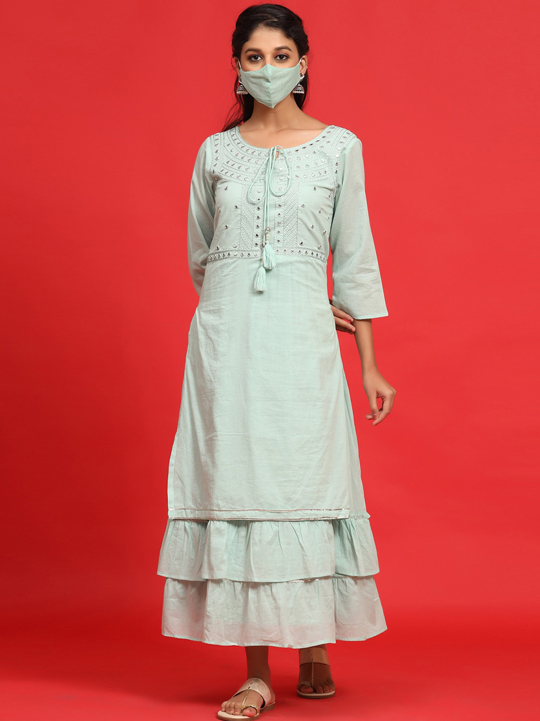 

Juniper Mirror Work Embroidered Midi Length Layered Cotton Ethnic Dress, Green