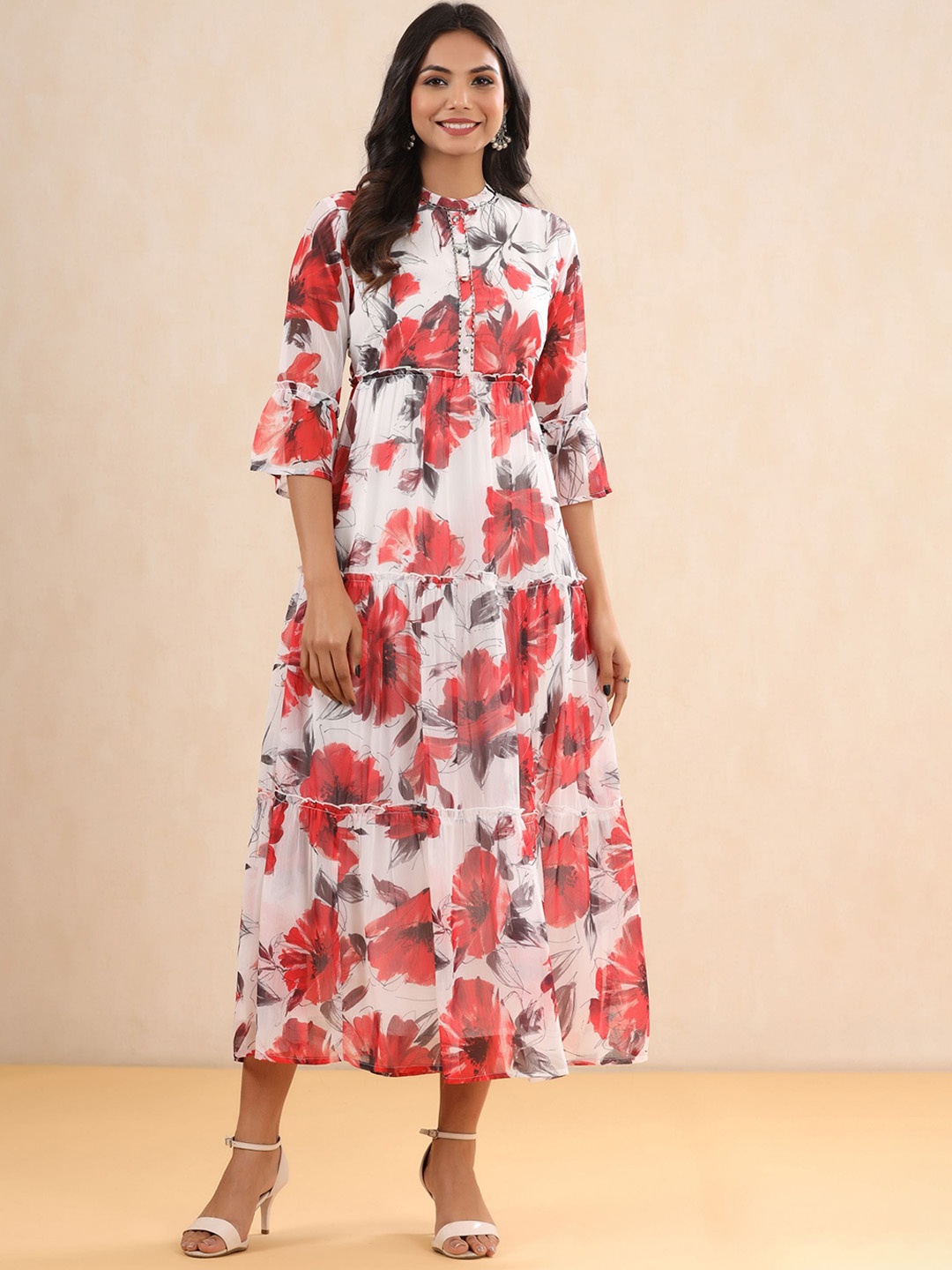 

Juniper Floral Printed Flared Sleeves Fit and Flare Tiered Ethnic Dress, White
