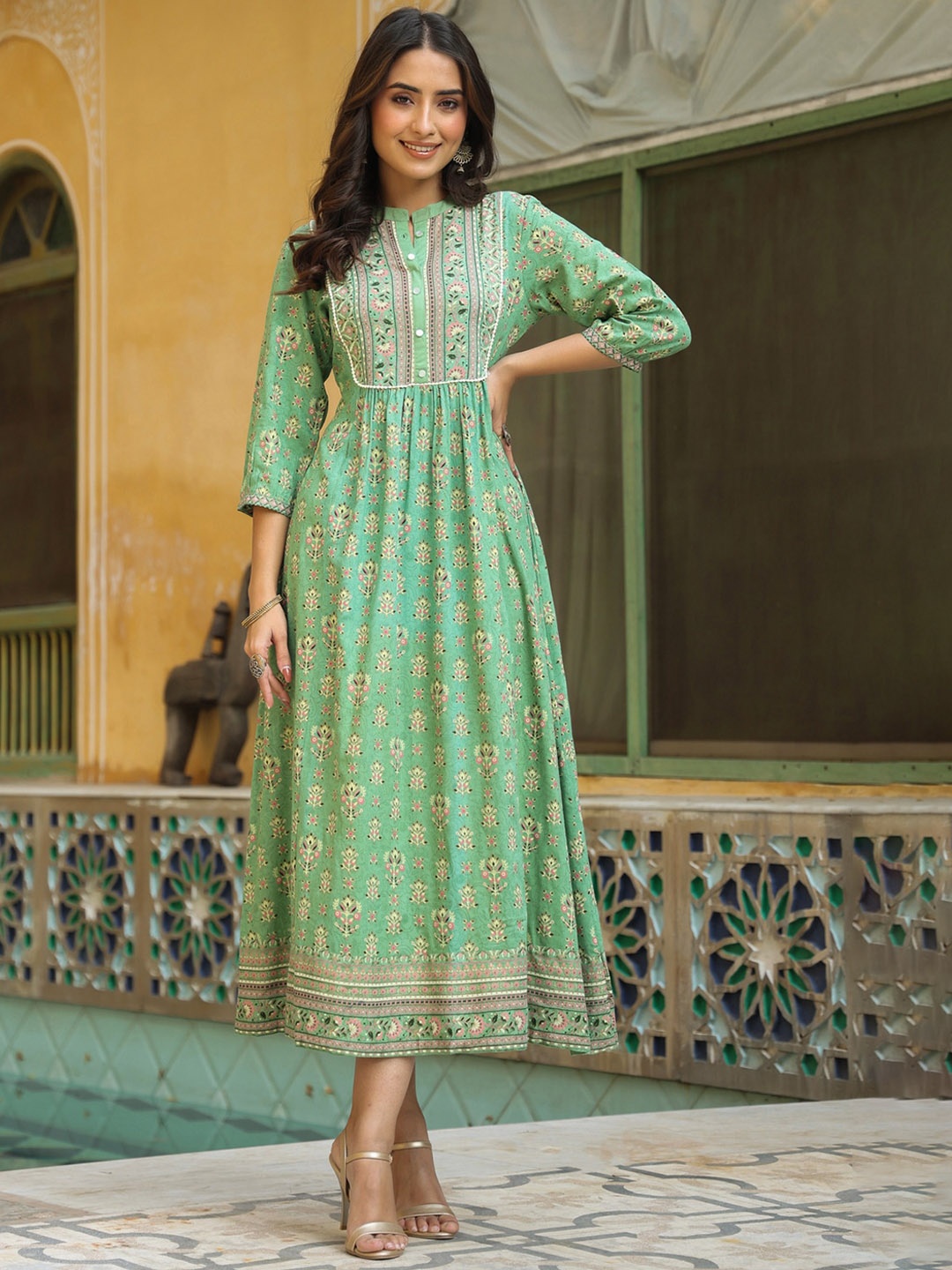 

Juniper Floral Printed Mandarin Collar Midi A-Line Ethnic Dress, Green
