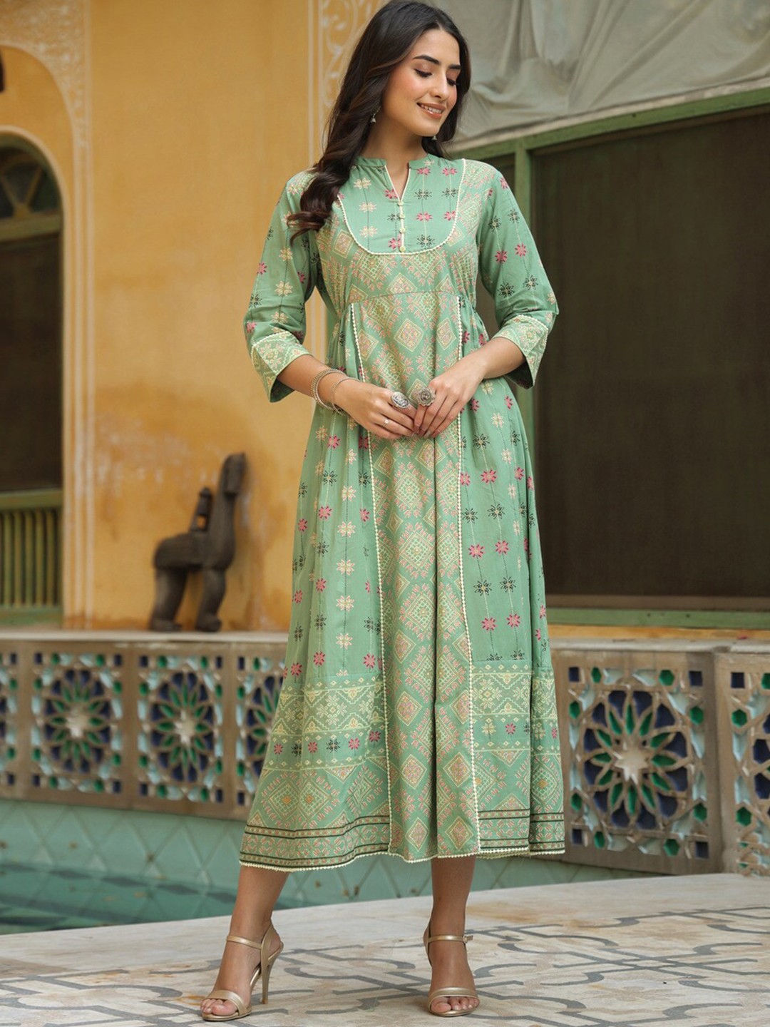 

Juniper Printed Cotton Mandarin Collar A-Line Ethnic Dress, Green