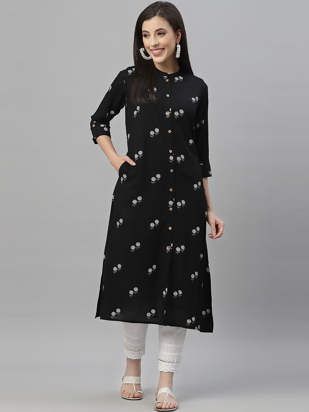 

Juniper Floral Printed Panelled A-Line Kurta, Black
