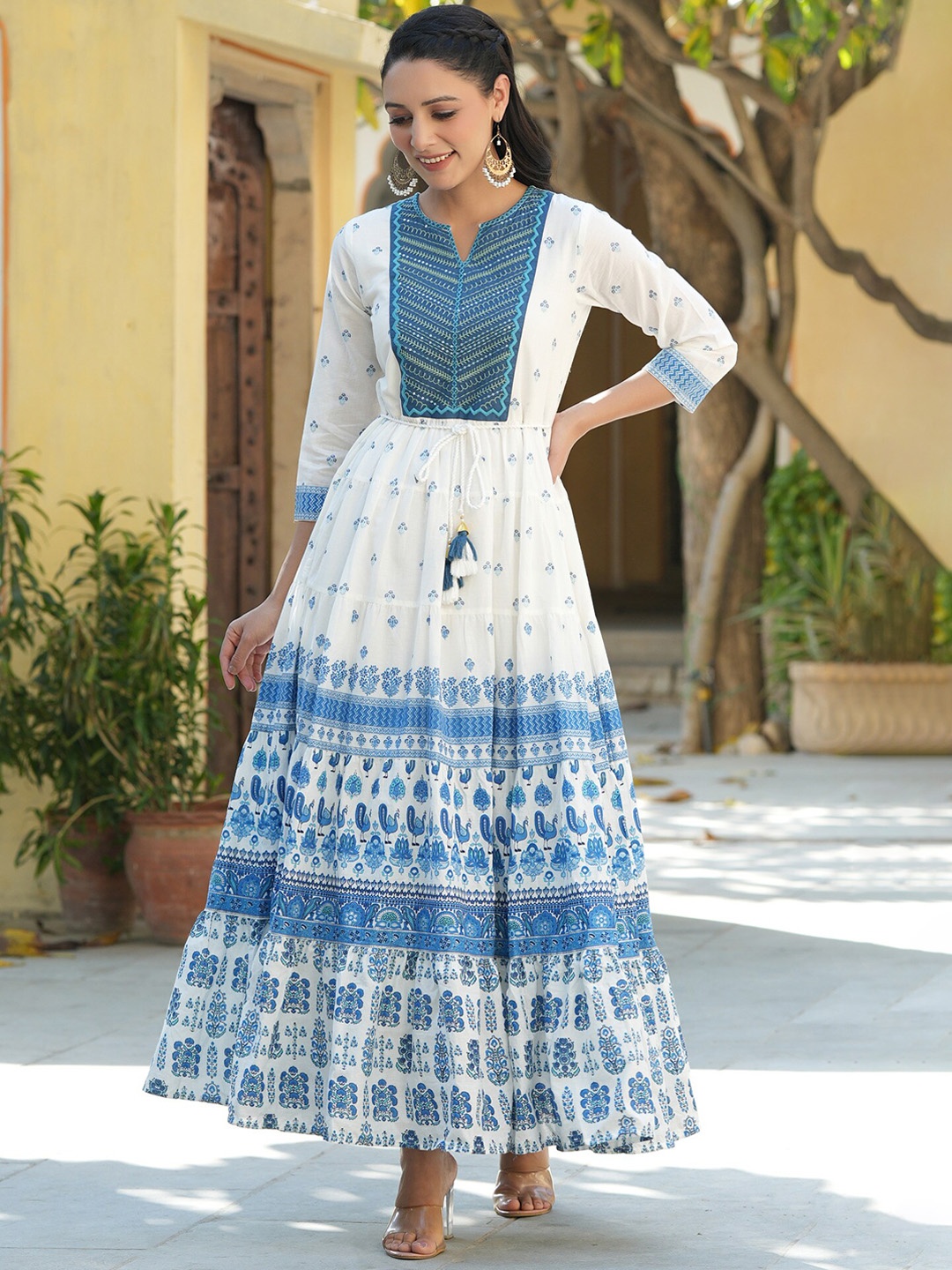 

Juniper Embroidered Georgette Tiered A-Line Ethnic Dresses, White