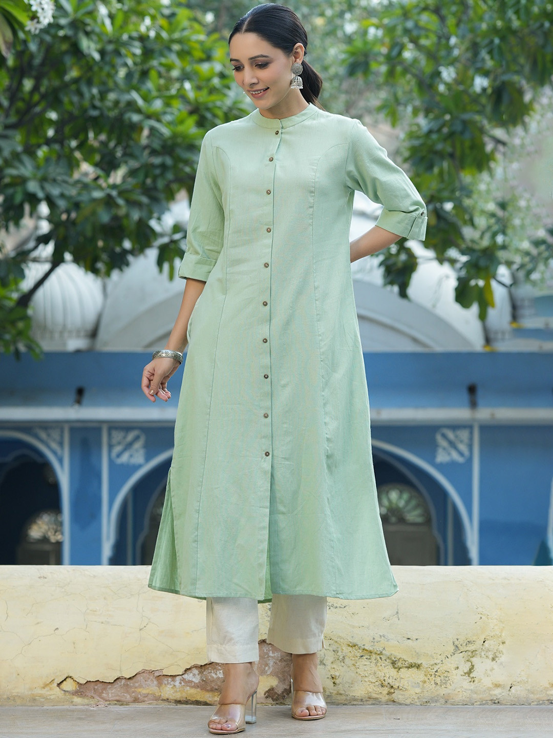 

Juniper Women Band Collar Panelled A-Line Kurta, Green