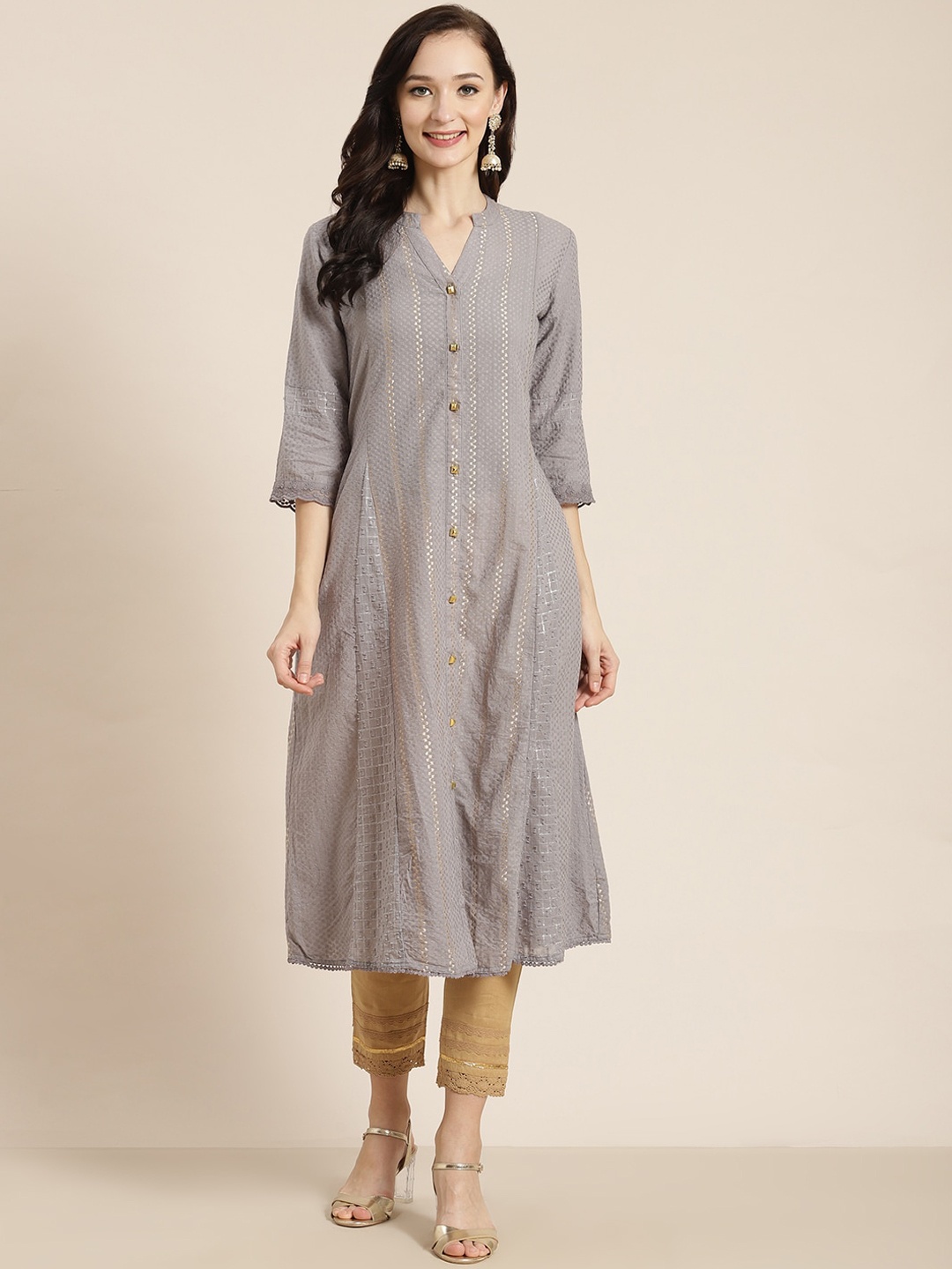 

Juniper Ethnic Motifs Printed Cotton Dobby A-Line Kurta, Grey