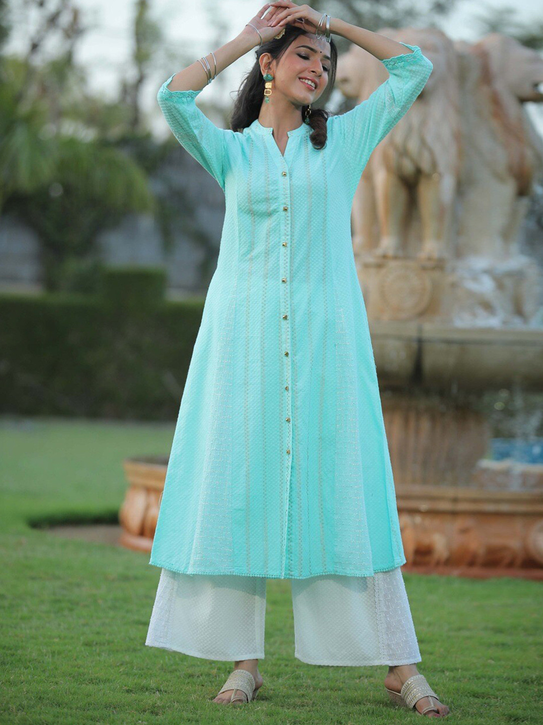 

Juniper Mandarin Collar Woven Design Cotton Dobby Kurta, Blue
