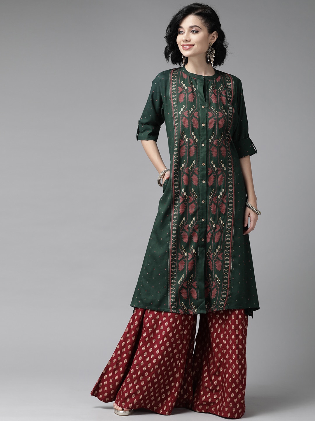 

Juniper Ethnic Motifs Printed Band Neck A-Line Kurta, Green