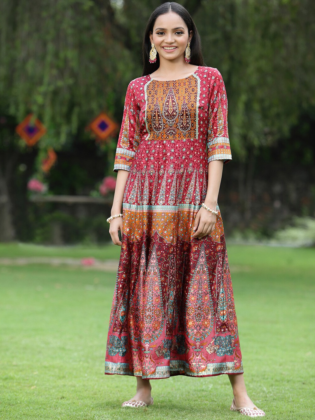

Juniper Ethnic Motifs Printed Boat Neck Maxi A-Line Ethnic Dress, Maroon