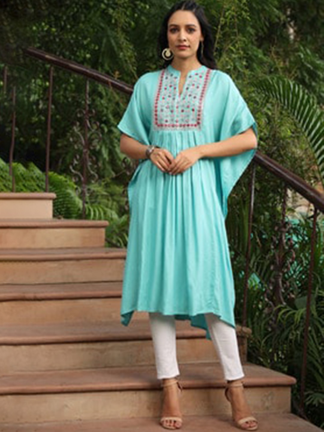 

Juniper Ethnic Motif Yoke Design Mirror Work Kaftan Kurta, Blue