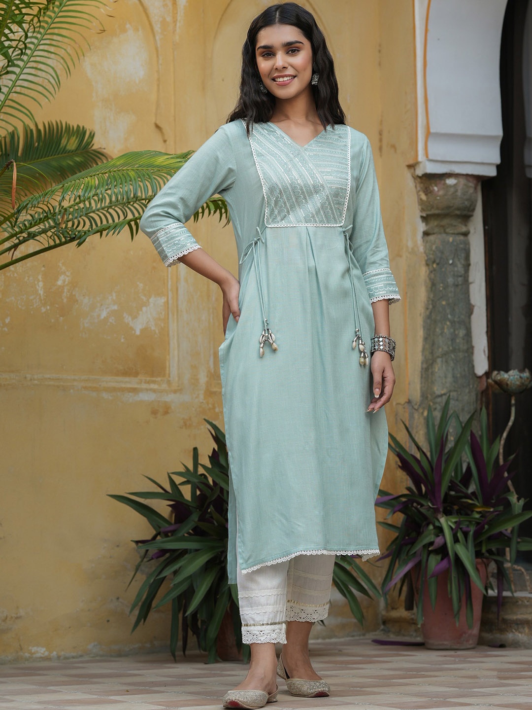 

Juniper Ethnic Motif Yoke Design Thread Work A-Line Kurta, Blue