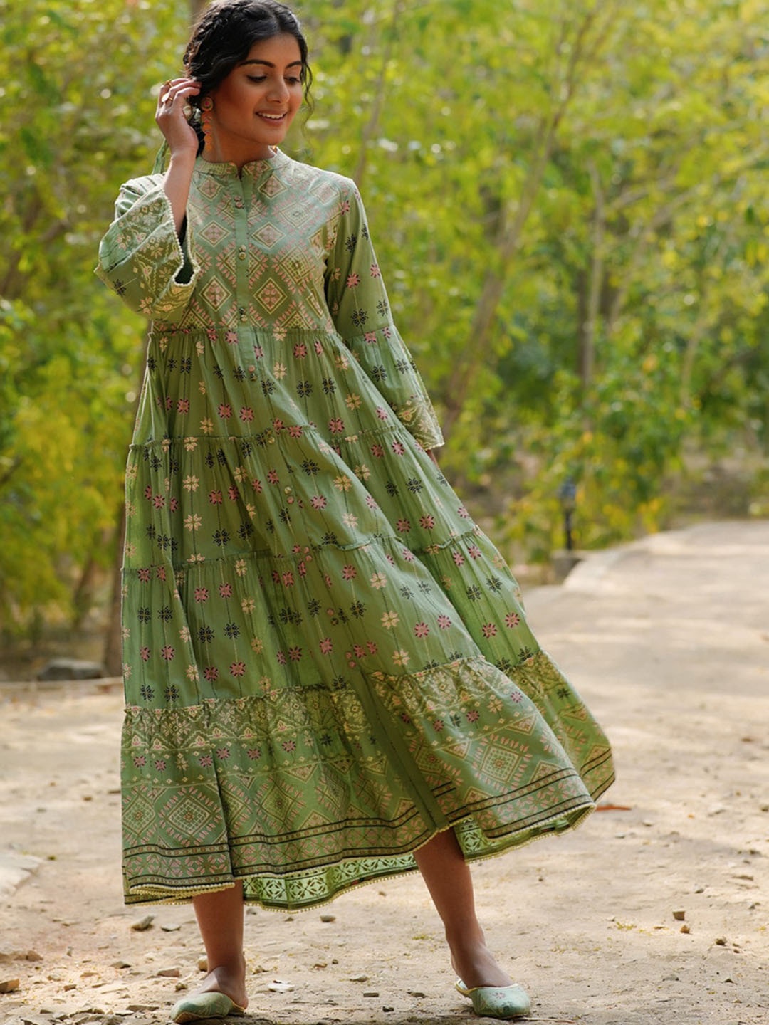 

Juniper Ethnic Print Printed Cotton Tiered Midi A-Line Ethnic Dresses, Green