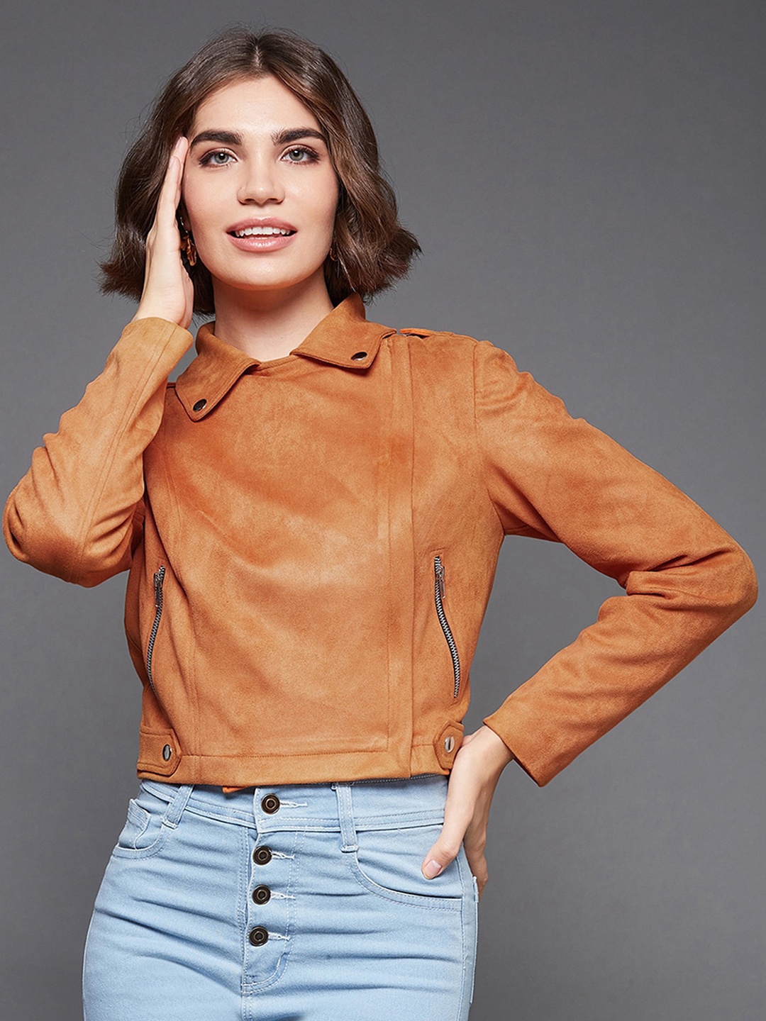 

Miss Chase Women Orange Camouflage Crop Biker Jacket