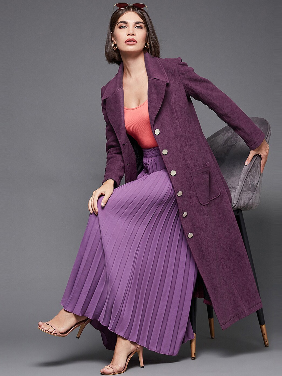

Miss Chase Notched Lapel Longline Overcoat, Purple