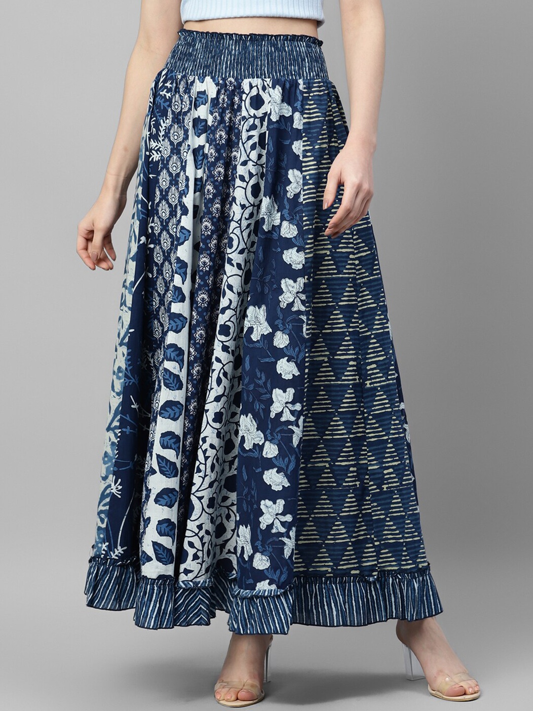 

DEEBACO Printed Pure Cotton Flared Maxi Skirt, Navy blue