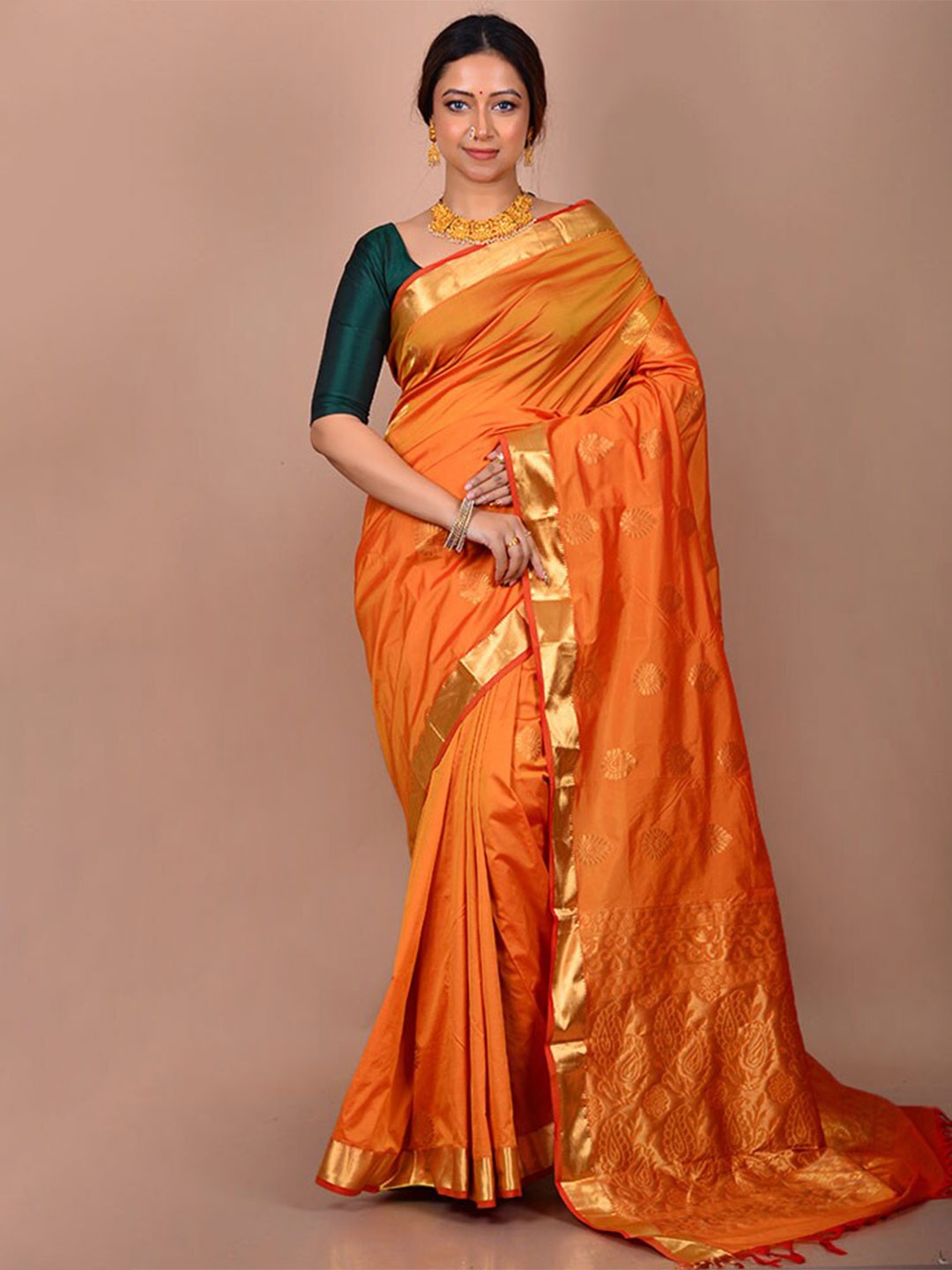 

AllSilks Ethnic Motif Woven Design Zari Kanjeevaram Saree, Orange