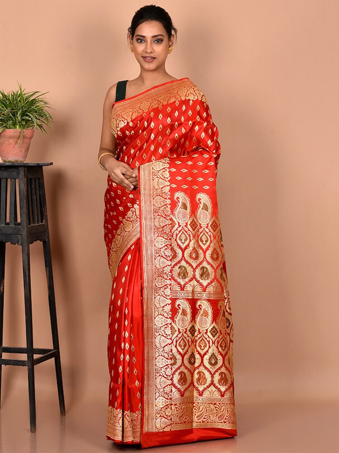 

AllSilks Ethnic Motif Woven Design Zari Pure Silk Banarasi Saree, Red