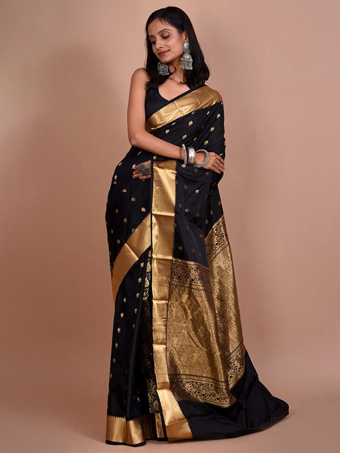 

AllSilks Ethnic Motif Woven Design Zari Kanjeevaram Saree, Black