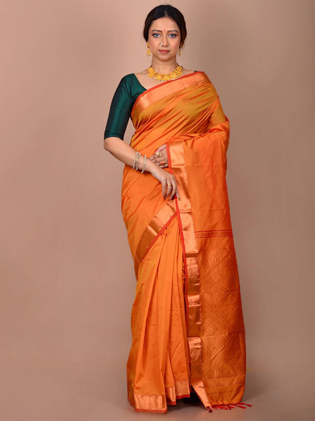 

AllSilks Zari Bordered Kanjeevaram Saree, Orange
