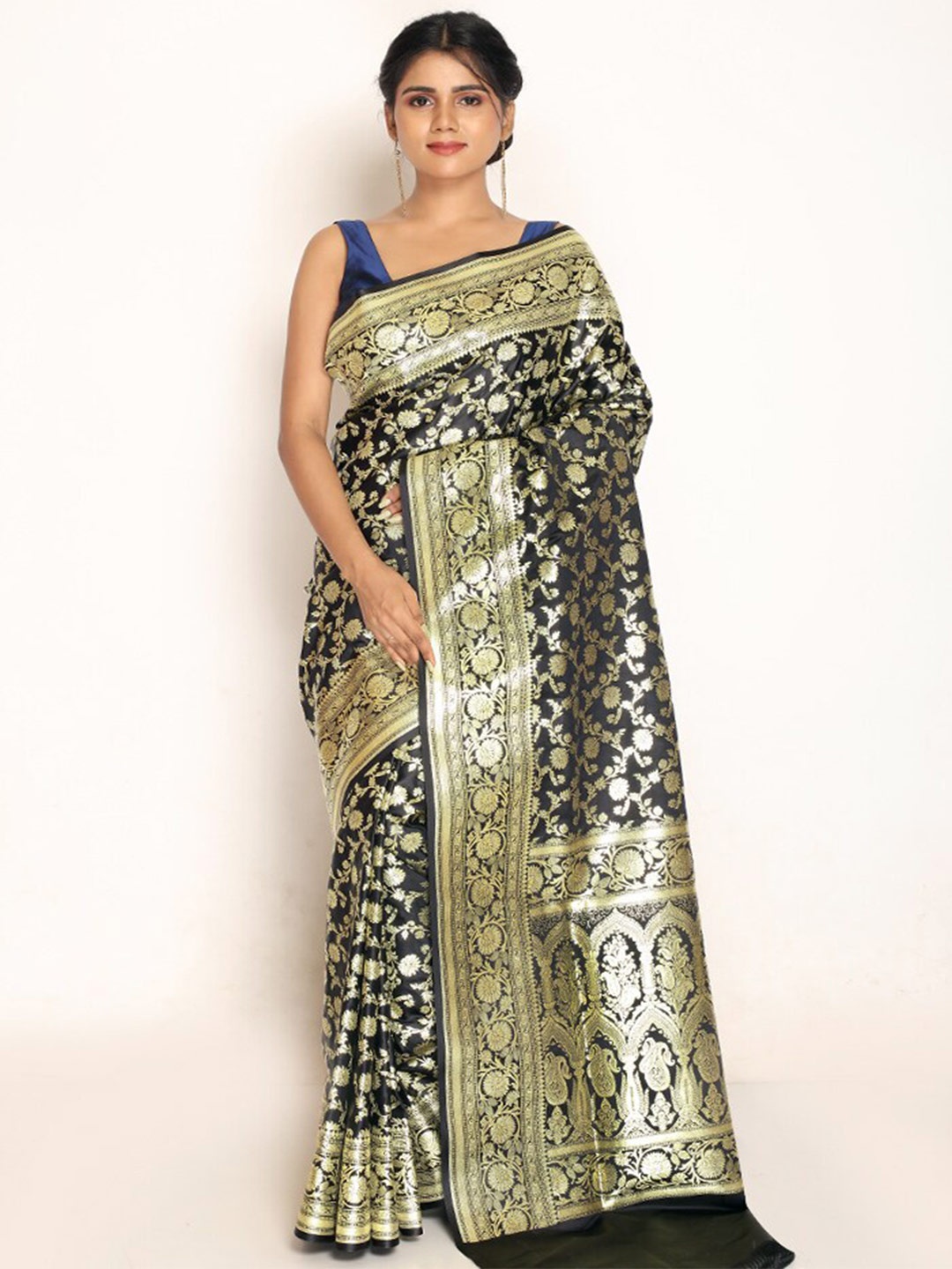 

AllSilks Floral Motif Woven Design Zari Banarasi Saree, Black
