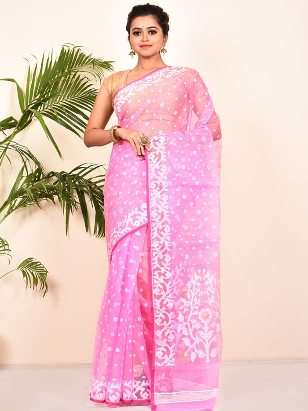 

AllSilks Pink & White Woven Design Pure Cotton Taant Saree