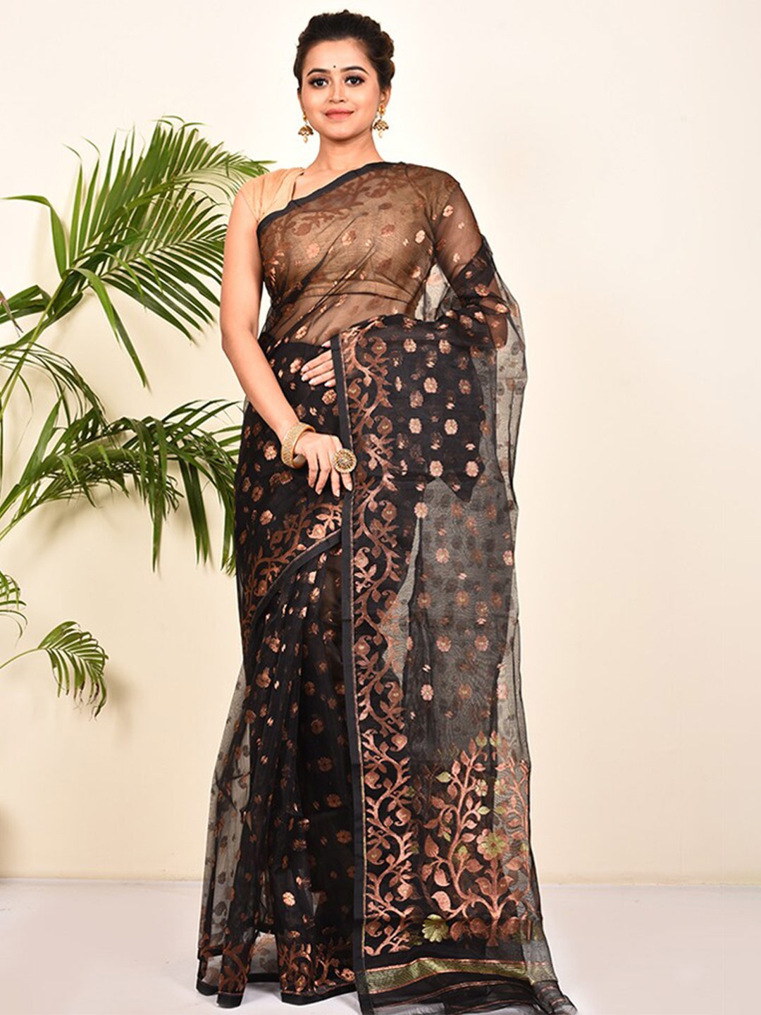 

AllSilks Black & Copper-Toned Woven Design Zari Pure Cotton Taant Saree