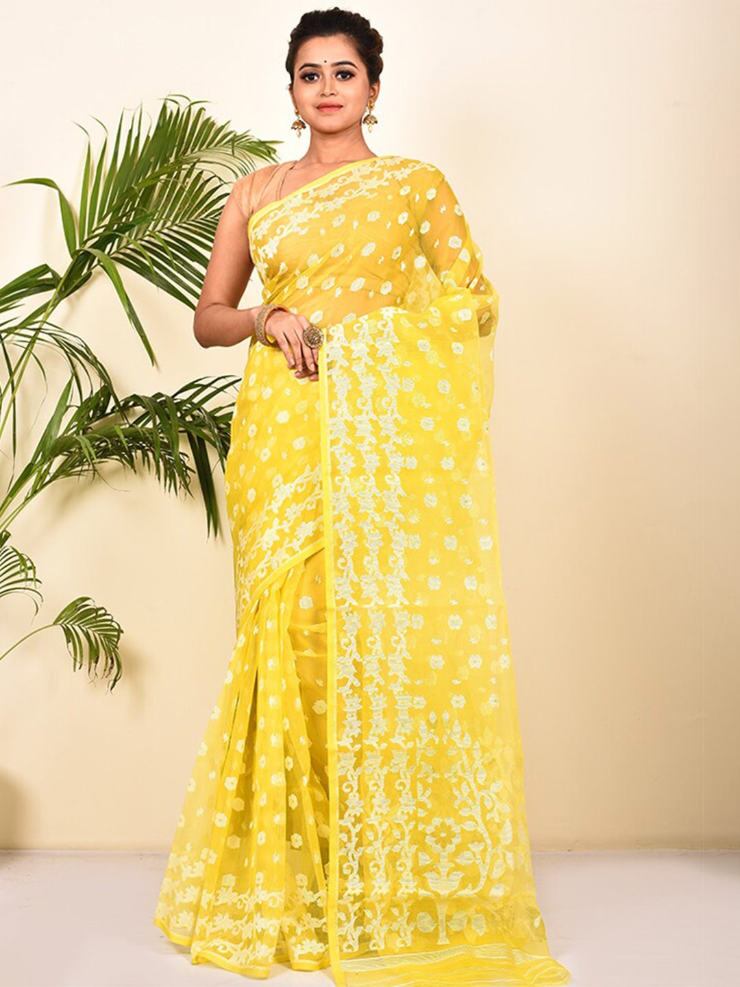 

AllSilks Yellow & White Woven Design Pure Cotton Taant Saree