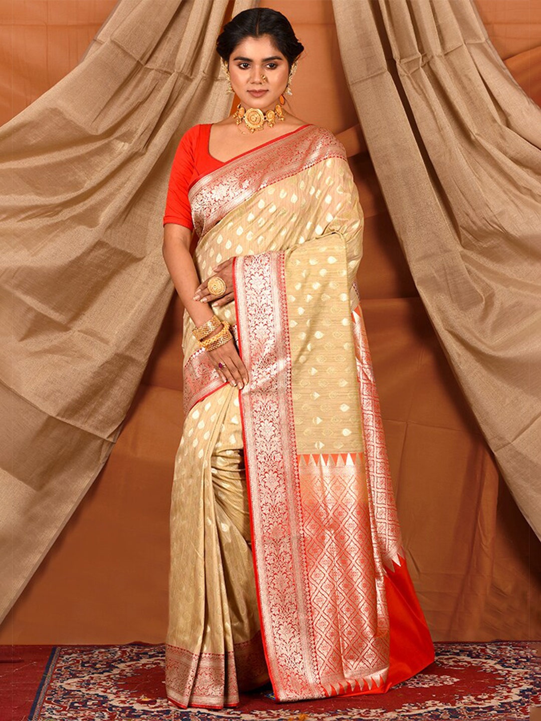 

AllSilks Ethnic Woven Design Zari Uppada Saree, Cream