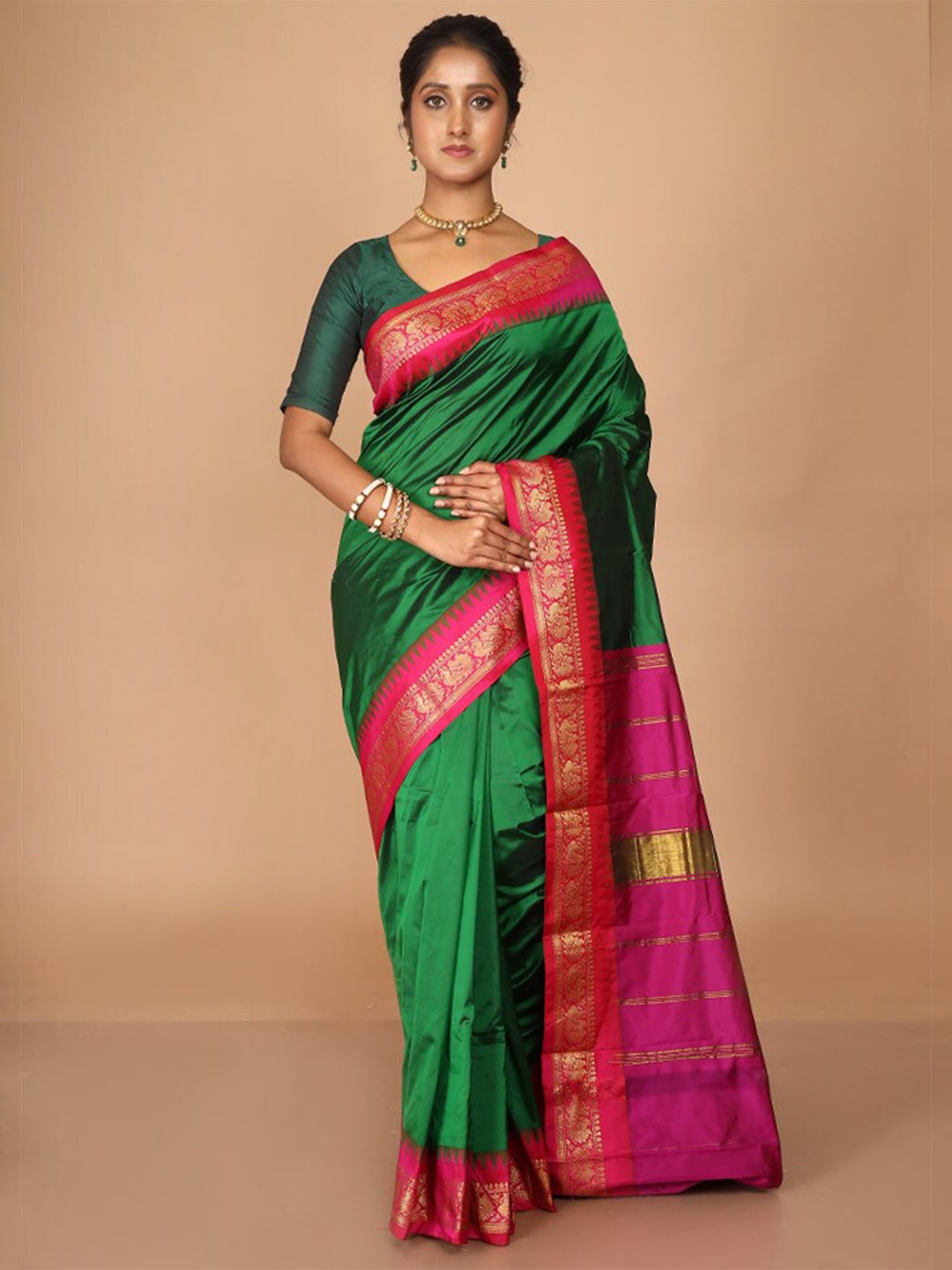 

AllSilks Green & Pink Zari Silk Blend Kanjeevaram Saree