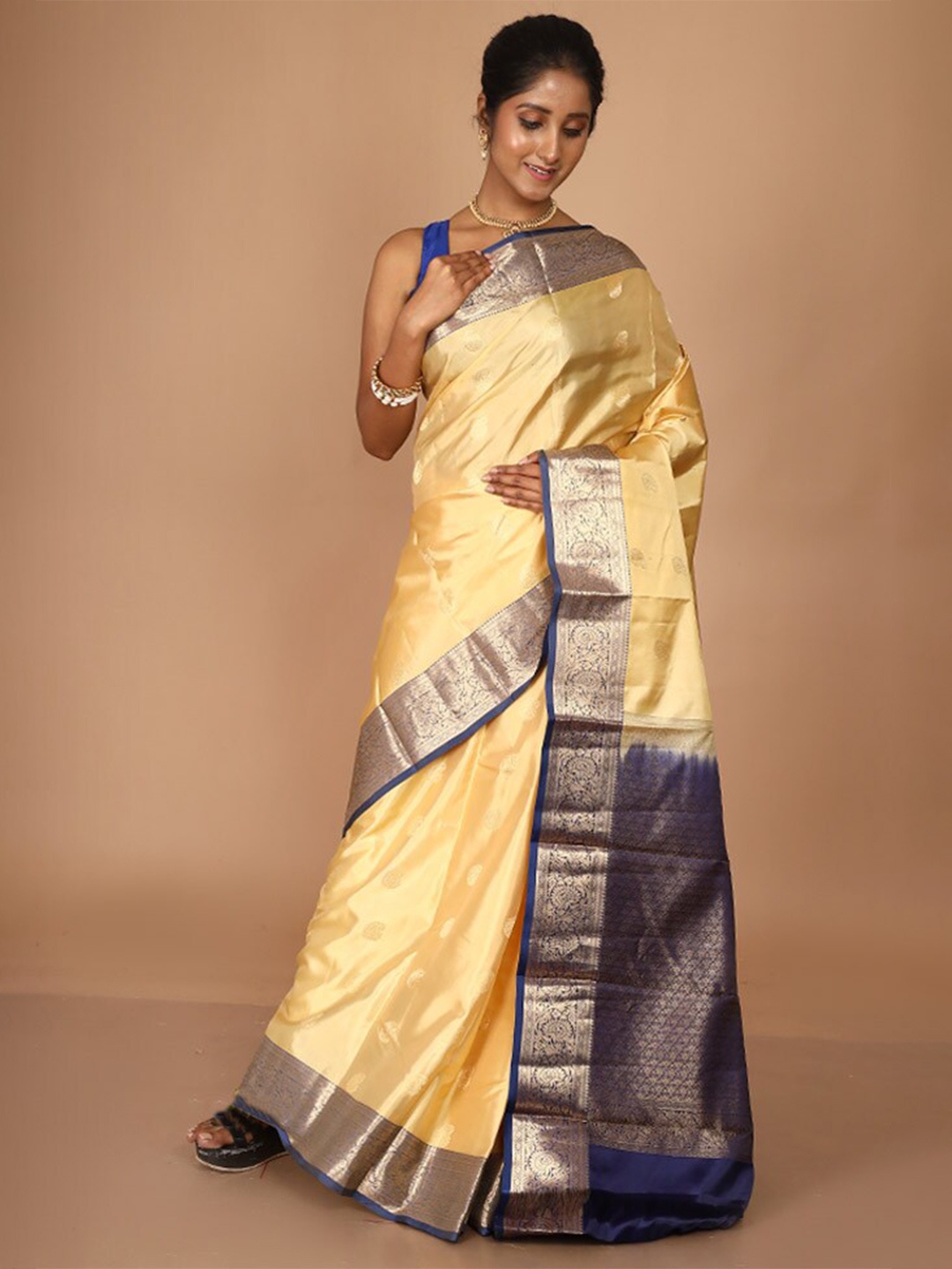 

AllSilks Ethnic Woven Design Zari Kanjeevaram Saree, Cream