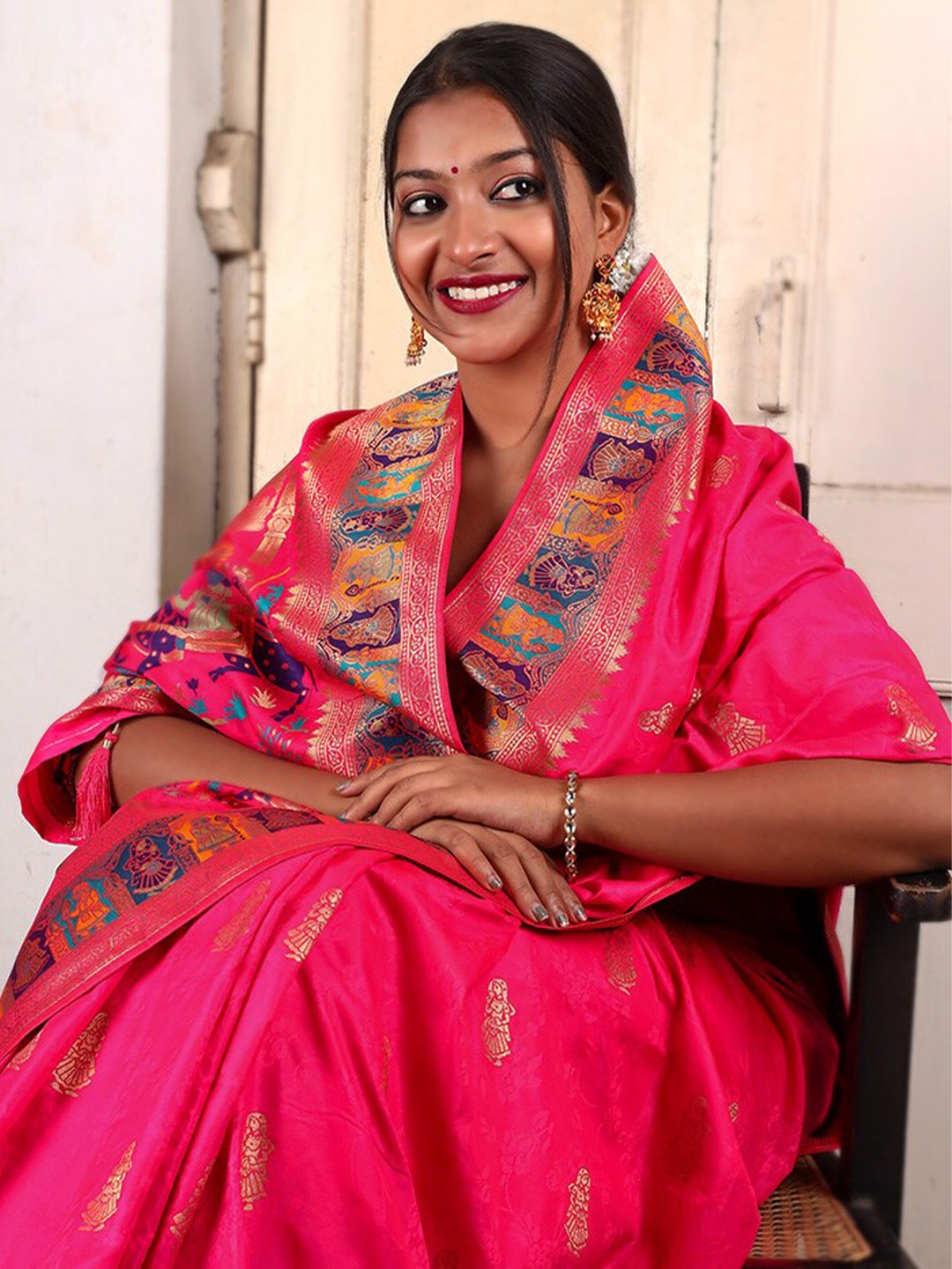 

AllSilks Ethnic Woven Design Zari Saree, Pink