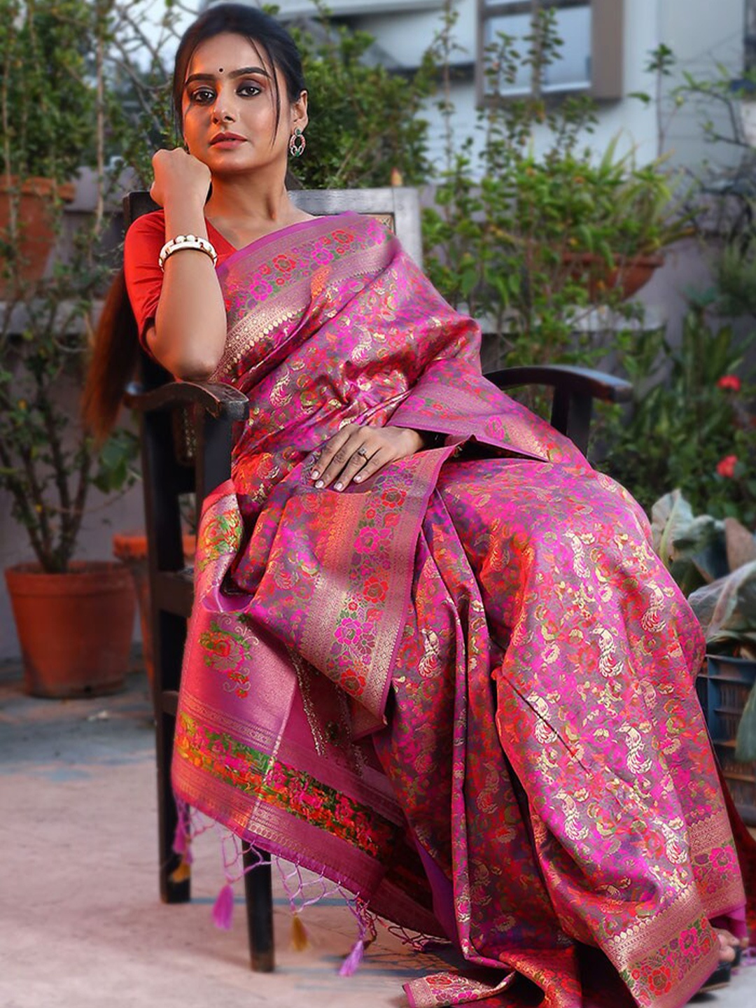 

AllSilks Purple & Green Woven Design Zari Silk Blend Saree