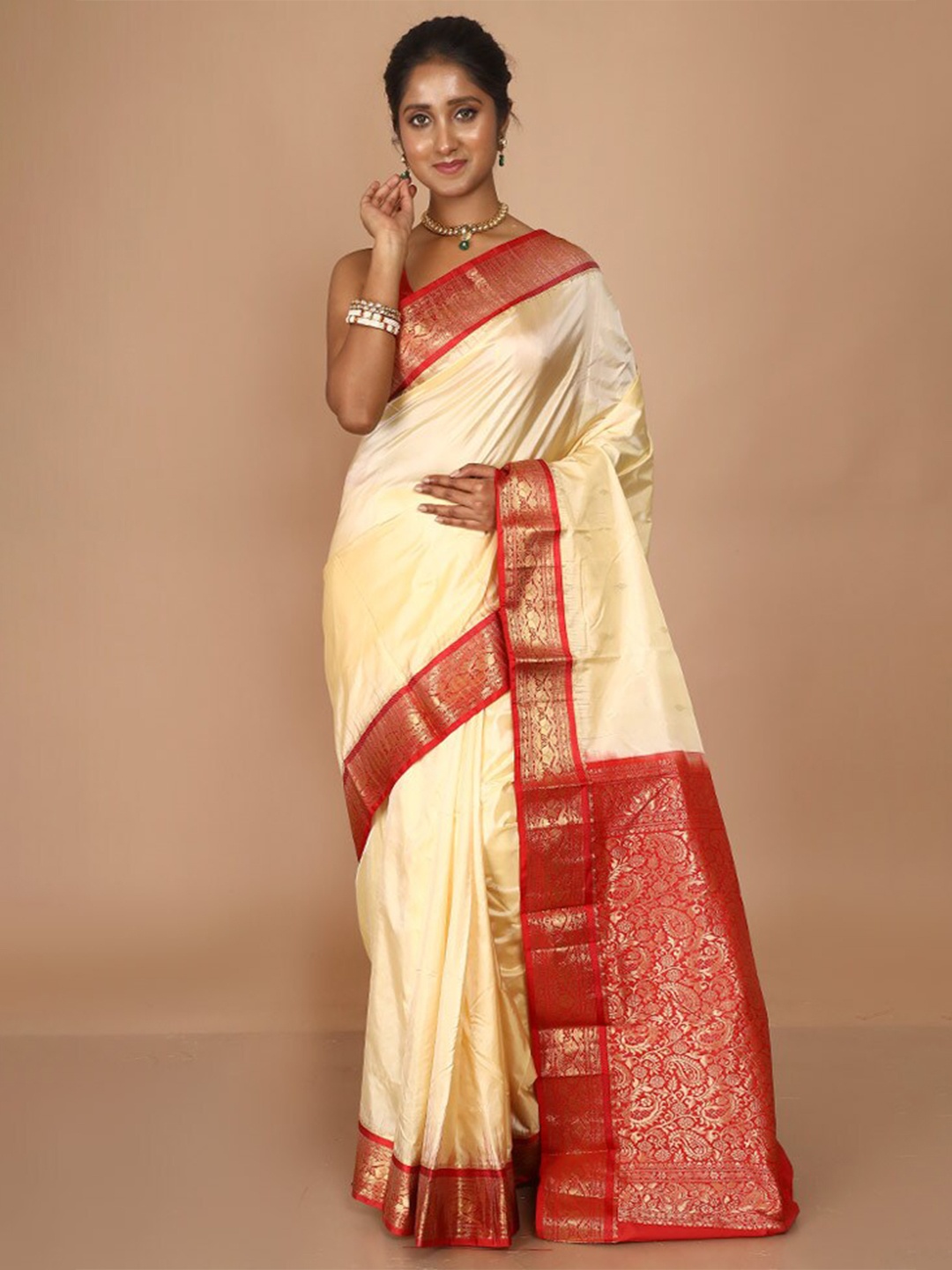 

AllSilks Woven Design Zari Kanjeevaram Saree, Off white