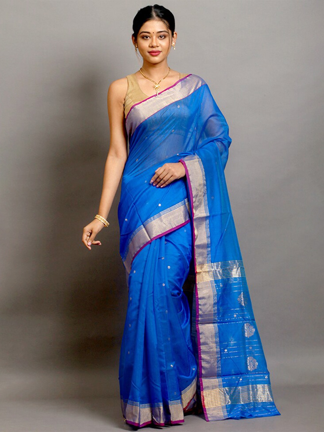

AllSilks Polka Dot Woven Design Zari Chanderi Saree, Blue