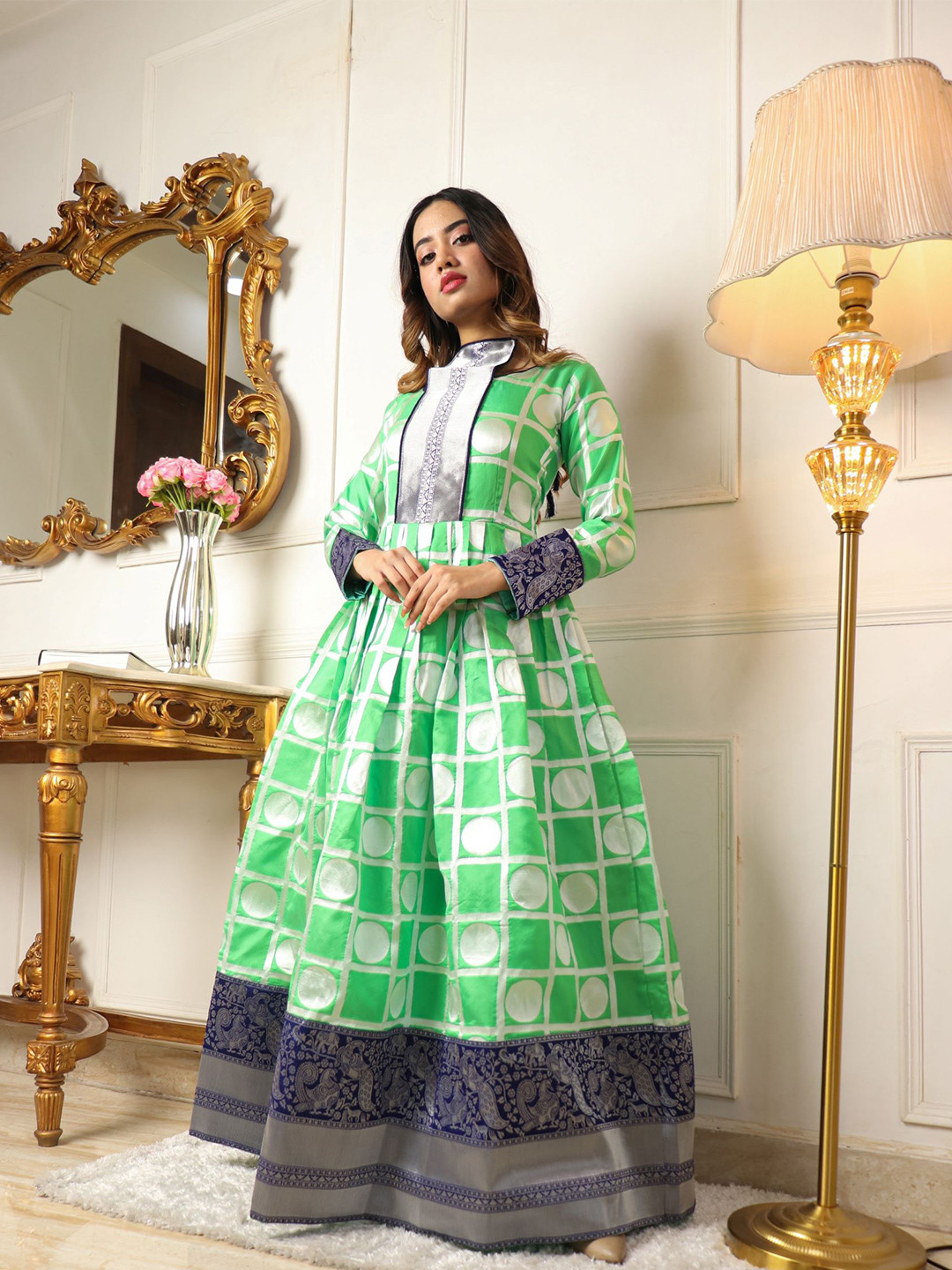 

Vidraa Western Store Checked Jacquard Maxi Fit & Flare Ethnic Dress, Green