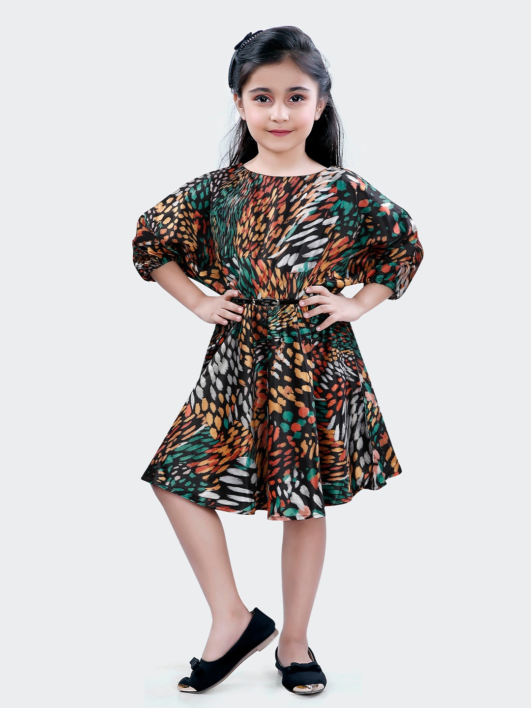 

Hunny Bunny Abstract Printed Kimono Sleeves Belted Fit & Flare Dress, Black