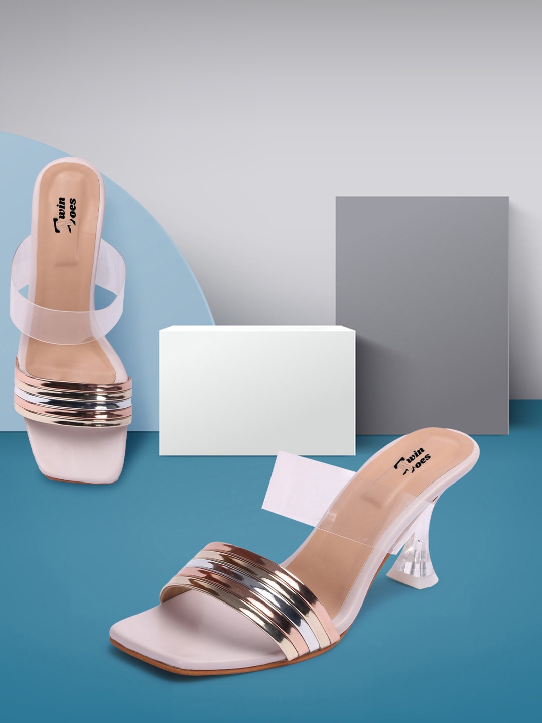 

TWIN TOES Striped Open Toe Kitten Heels, Peach