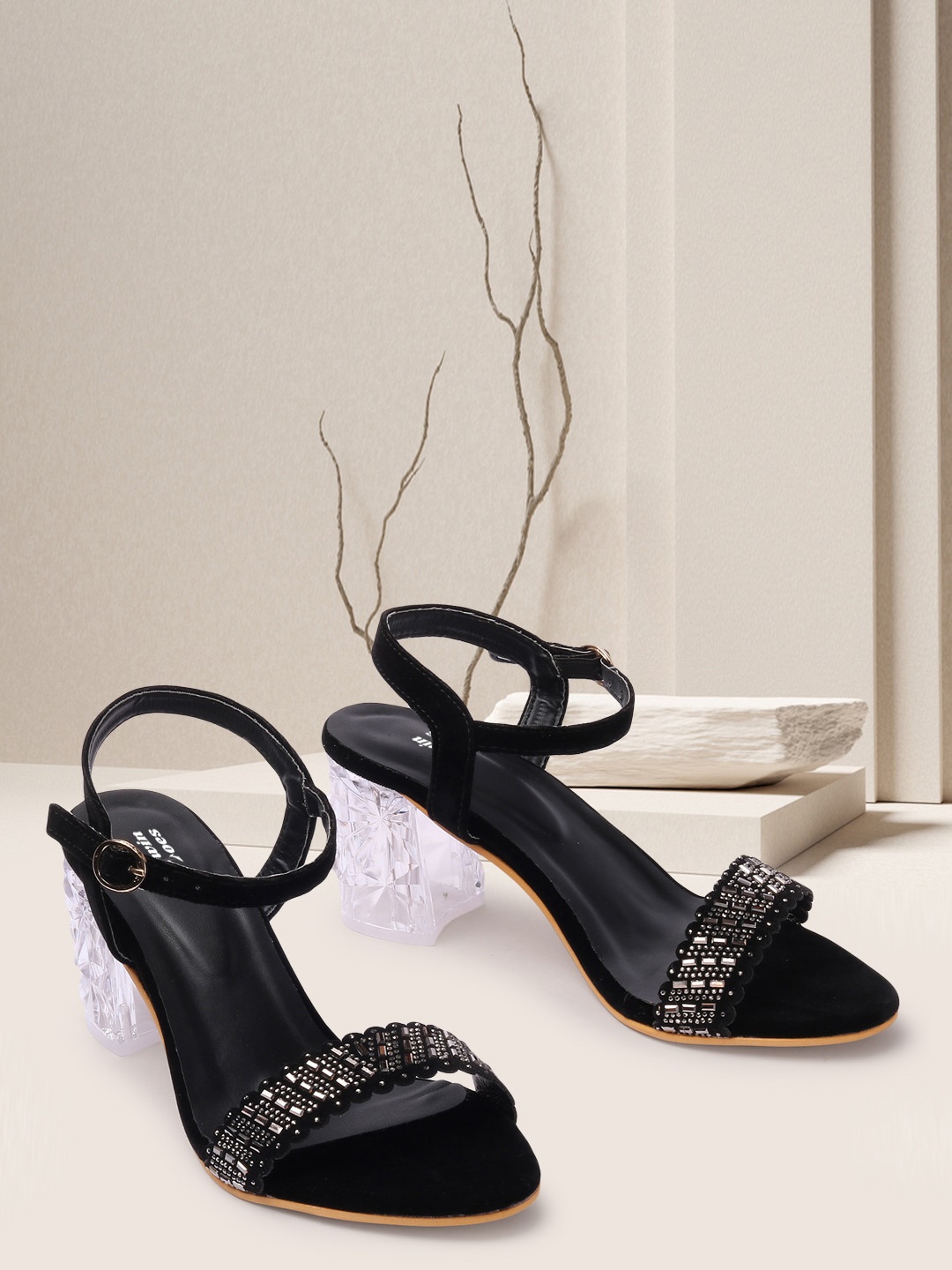 

TWIN TOES Embellished Open Toe Block Heels, Black