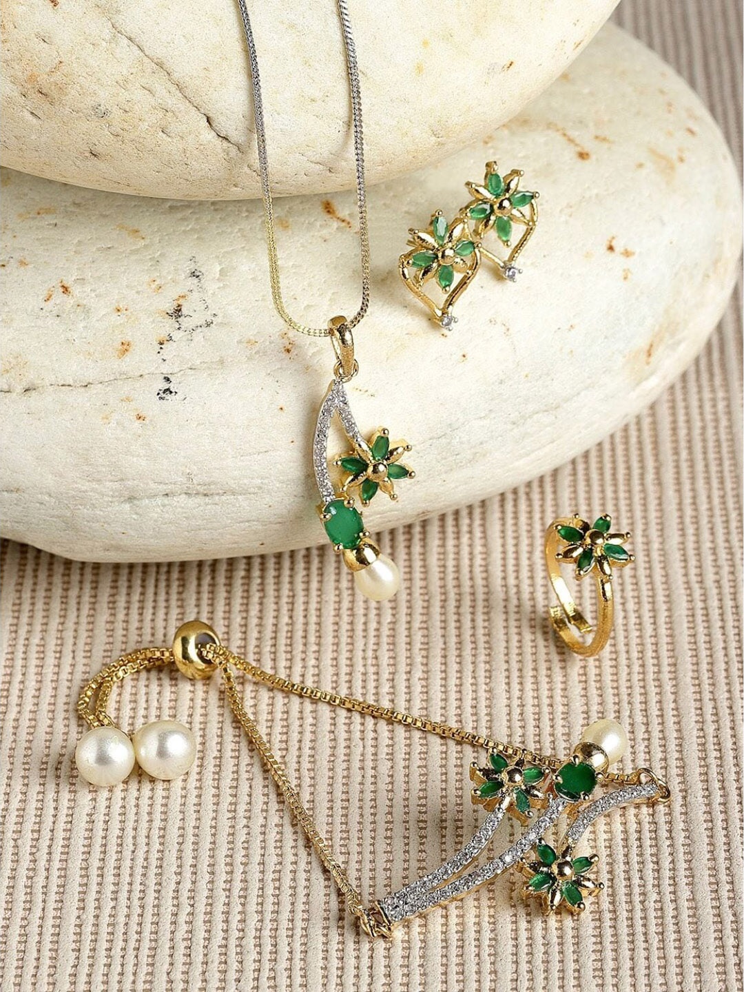 

ZENEME Gold-Plated & AD-Studded Jewellery Set