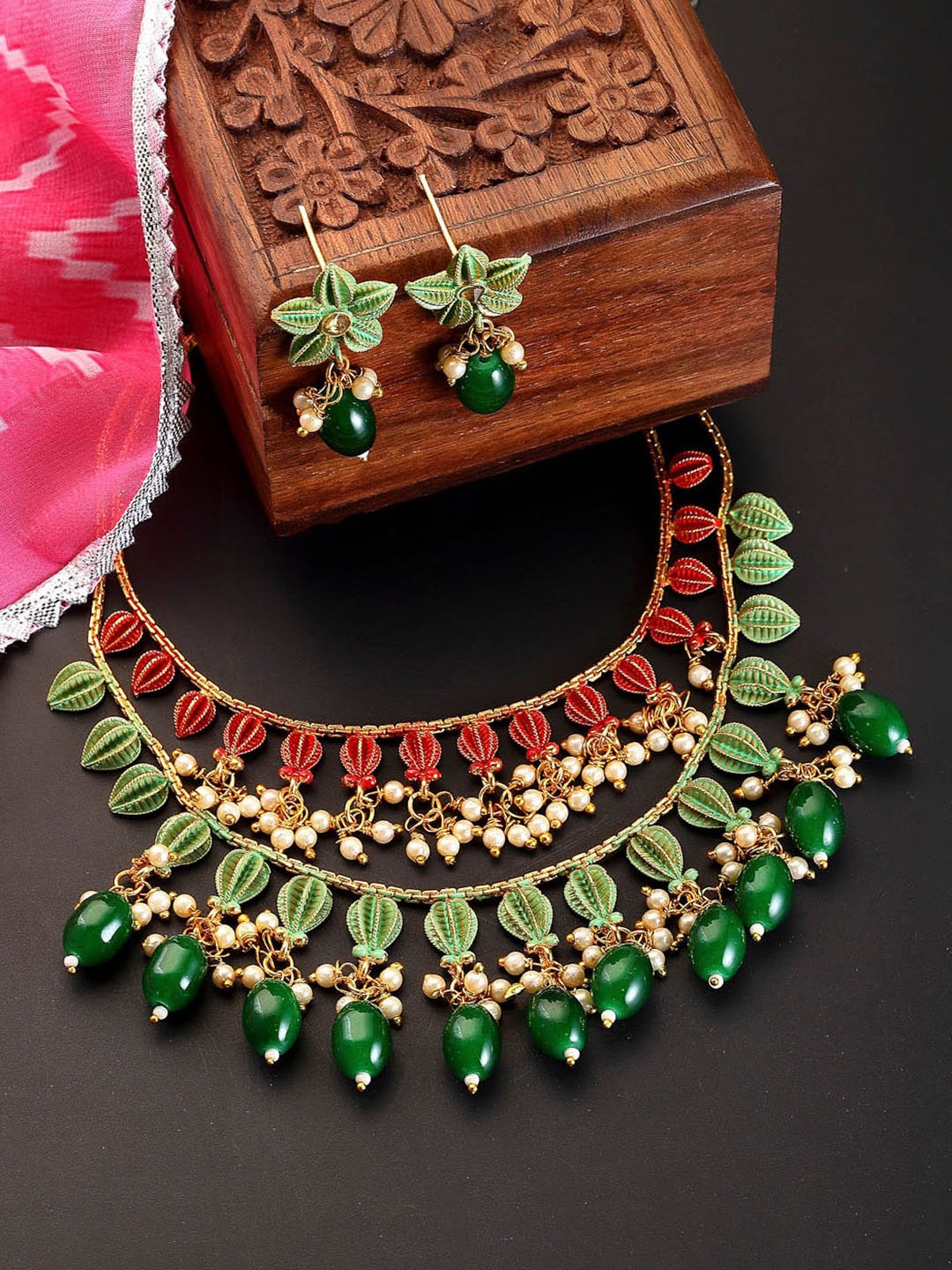 

ZENEME Gold-Plated Double Necklace Jewellery Set, Red