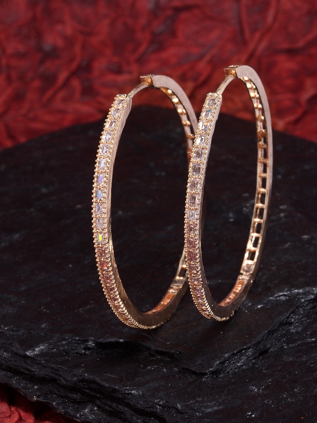 

ZENEME Rose Gold-Plated Circular American Diamond Hoop Earrings