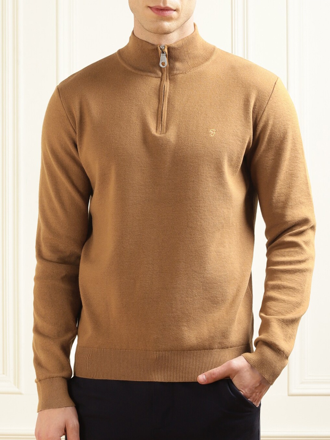 

Farah Mock Neck Long Sleeves Cotton Pullover, Brown