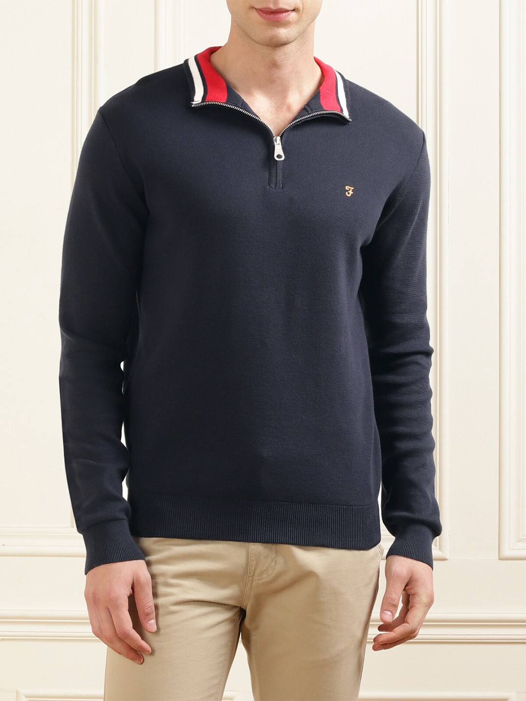 

Farah Mock Neck Long Sleeves Cotton Pullover, Navy blue