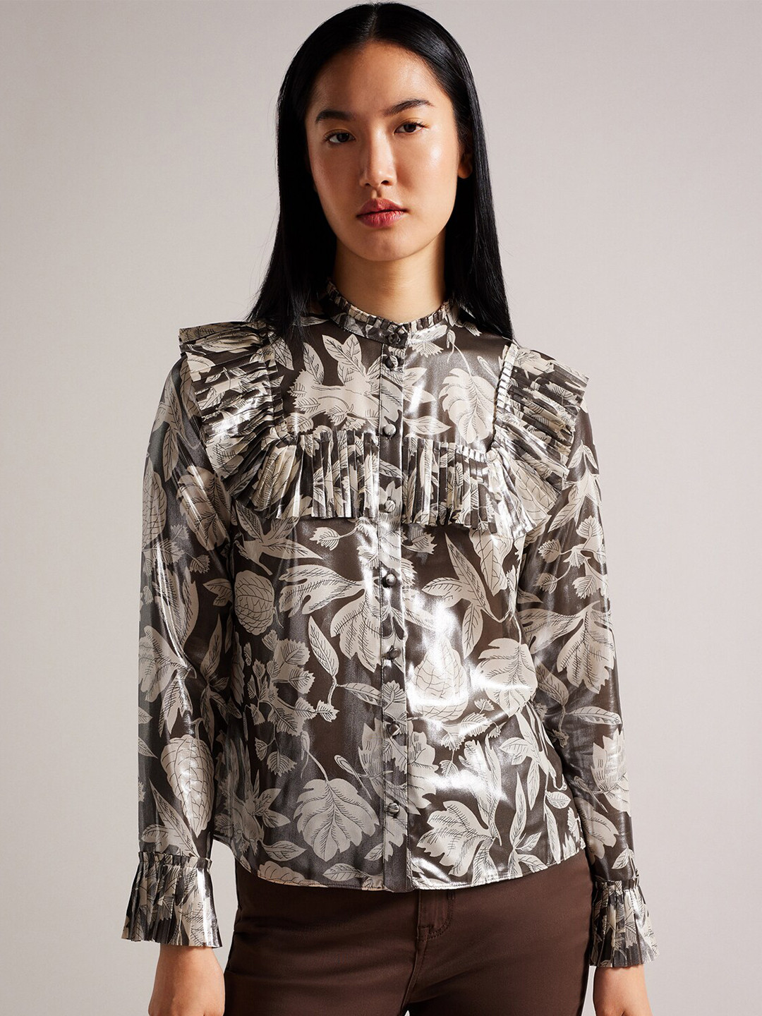 

Ted Baker Floral Printed Bell Sleeves Shirt Style Top, Brown