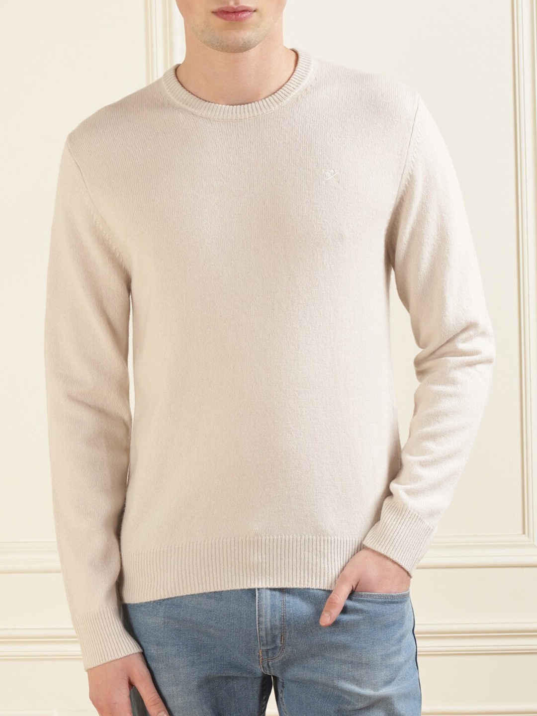 

HACKETT LONDON Round Neck Wool Pullover, Cream