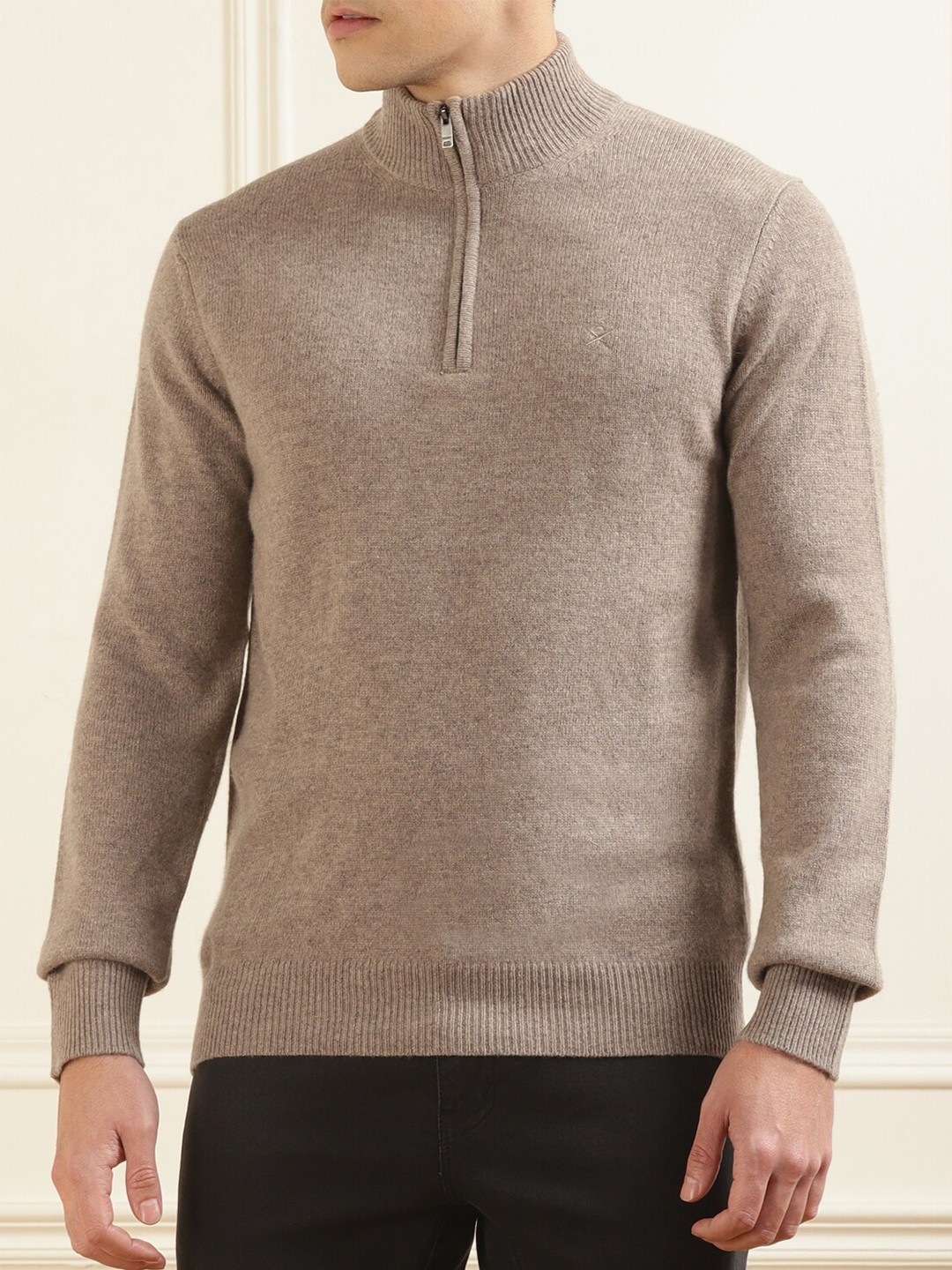 

HACKETT LONDON Mock Collar Ribbed Pure Wool Pullover, Brown