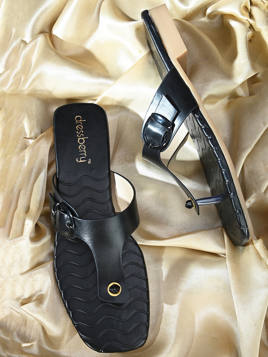 

DressBerry Textured T-Strap Flats, Black